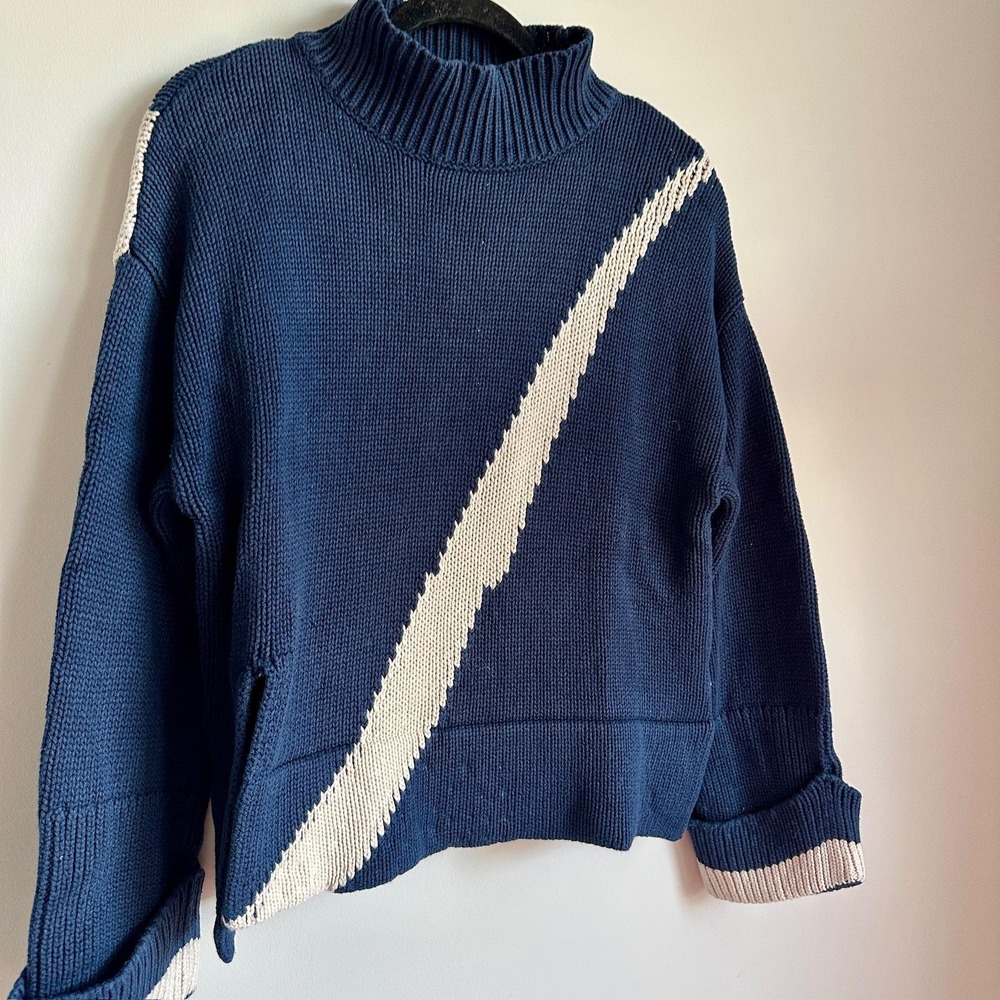 Victor Alfaro Collective Sweater Womens Small Navy Mock Neck Diagonal Stripe - Picture 2 of 10